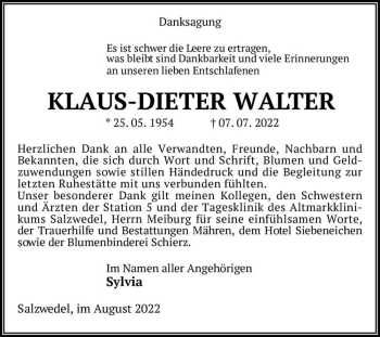 Traueranzeige von Klaus-Dieter Walter  von Magdeburger Volksstimme