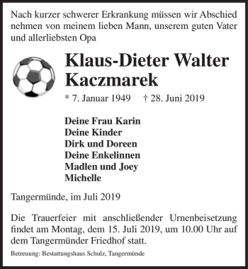 Traueranzeige von Klaus-Dieter Walter Kaczmarek  von Magdeburger Volksstimme