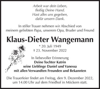 Traueranzeige von Klaus-Dieter Wangemann  von Magdeburger Volksstimme