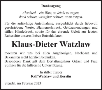 Traueranzeige von Klaus-Dieter Watzlaw  von Magdeburger Volksstimme