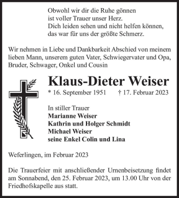 Traueranzeige von Klaus-Dieter Weiser  von Magdeburger Volksstimme