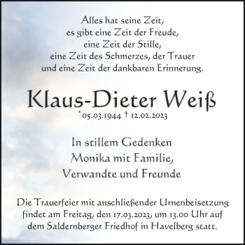 Traueranzeige von Klaus-Dieter Weiß  von Magdeburger Volksstimme