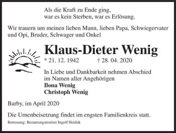 Traueranzeige von Klaus-Dieter Wenig  von Magdeburger Volksstimme