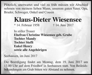Traueranzeige von Klaus-Dieter Wiesensee  von Magdeburger Volksstimme