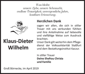 Traueranzeige von Klaus-Dieter Wilhelm  von Magdeburger Volksstimme