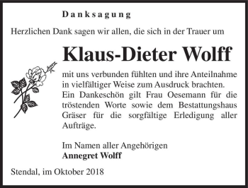 Traueranzeige von Klaus-Dieter Wolff  von Magdeburger Volksstimme