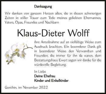 Traueranzeige von Klaus-Dieter Wolff  von Magdeburger Volksstimme
