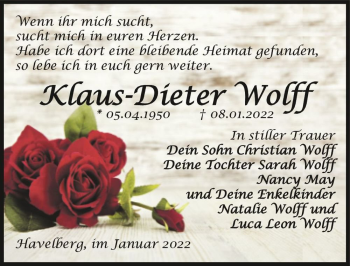 Traueranzeige von Klaus-Dieter Wolff  von Magdeburger Volksstimme