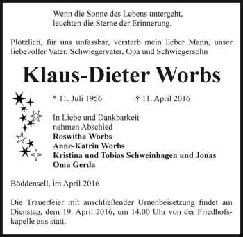 Traueranzeige von Klaus-Dieter Worbs  von Magdeburger Volksstimme