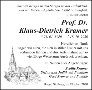 Traueranzeige von Klaus-Dietrich Kramer  von Magdeburger Volksstimme