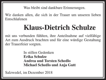 Traueranzeige von Klaus-Dietrich Schulze  von Magdeburger Volksstimme