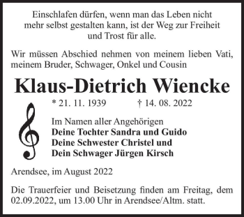 Traueranzeige von Klaus-Dietrich Wiencke  von Magdeburger Volksstimme