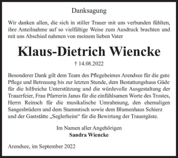 Traueranzeige von Klaus-Dietrich Wiencke  von Magdeburger Volksstimme