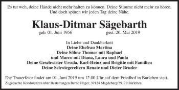 Traueranzeige von Klaus-Ditmar Sägebarth  von Magdeburger Volksstimme