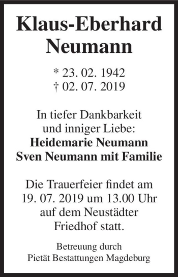 Traueranzeige von Klaus-Eberhard Neumann  von Magdeburger Volksstimme