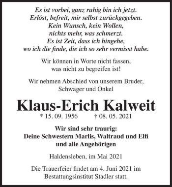 Traueranzeige von Klaus-Erich Kalweit  von Magdeburger Volksstimme
