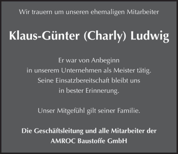 Traueranzeige von Klaus-Günter (Charly) Ludwig  von Magdeburger Volksstimme