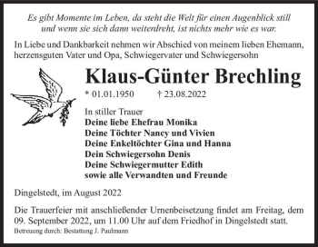 Traueranzeige von Klaus-Günter Brechling  von Magdeburger Volksstimme