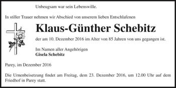 Traueranzeige von Klaus-Günther Schebitz  von Magdeburger Volksstimme
