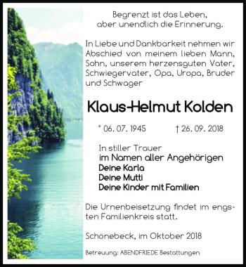 Traueranzeige von Klaus-Helmut Kolden  von Magdeburger Volksstimme