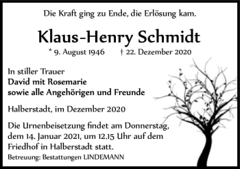 Traueranzeige von Klaus-Henry Schmidt  von Magdeburger Volksstimme