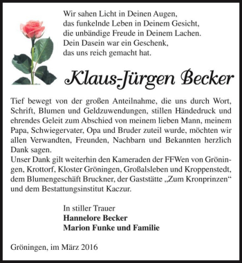Traueranzeige von Klaus-Jürgen Becker  von Magdeburger Volksstimme