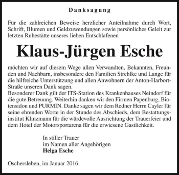 Traueranzeige von Klaus-Jürgen Esche  von Magdeburger Volksstimme