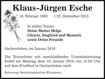 Traueranzeige von Klaus-Jürgen Esche  von Magdeburger Volksstimme