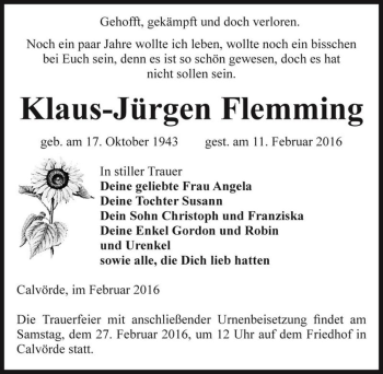 Traueranzeige von Klaus-Jürgen Flemming  von Magdeburger Volksstimme