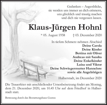 Traueranzeige von Klaus-Jürgen Hohnl  von Magdeburger Volksstimme