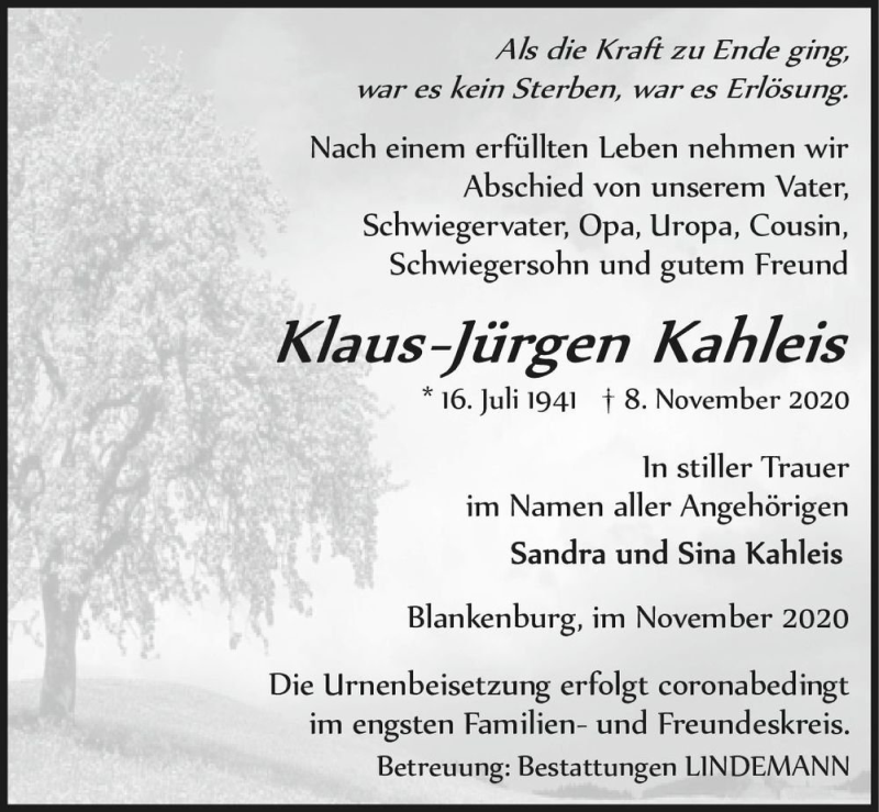  Traueranzeige für Klaus-Jürgen Kahleis  vom 14.11.2020 aus Magdeburger Volksstimme