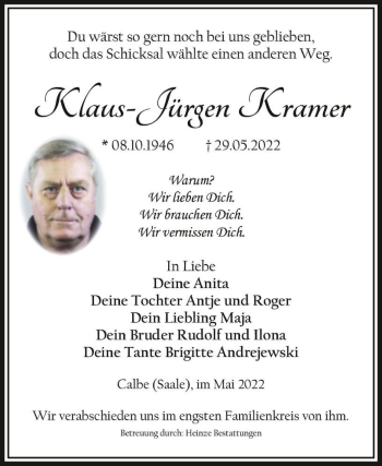 Traueranzeige von Klaus - Jürgen Kramer  von Magdeburger Volksstimme