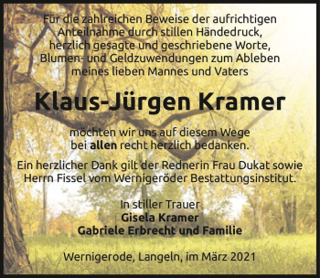 Traueranzeige von Klaus-Jürgen Kramer  von Magdeburger Volksstimme
