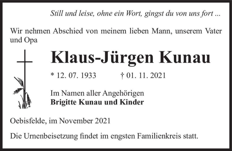  Traueranzeige für Klaus-Jürgen Kunau  vom 03.11.2021 aus Magdeburger Volksstimme