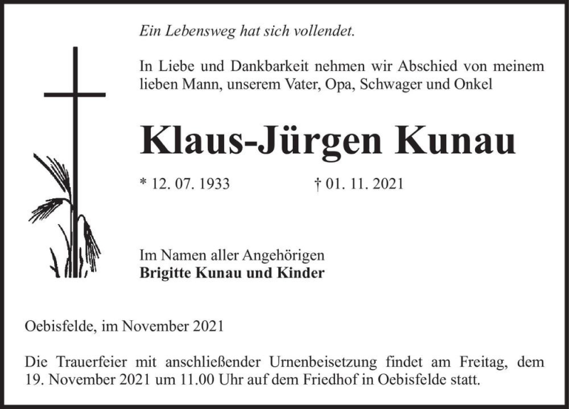  Traueranzeige für Klaus-Jürgen Kunau  vom 09.11.2021 aus Magdeburger Volksstimme