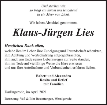 Traueranzeige von Klaus-Jürgen Lies  von Magdeburger Volksstimme