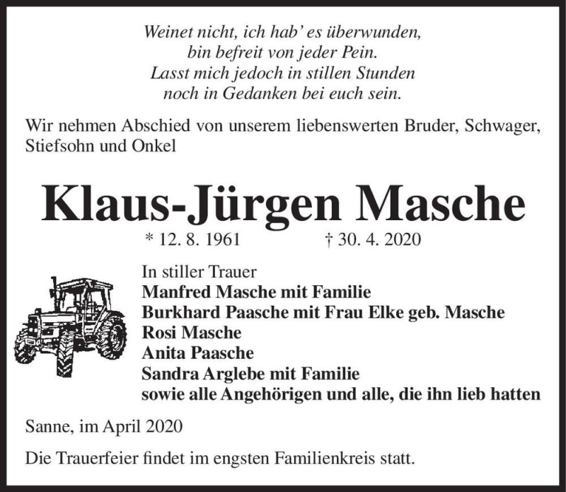  Traueranzeige für Klaus-Jürgen Masche  vom 06.05.2020 aus Magdeburger Volksstimme