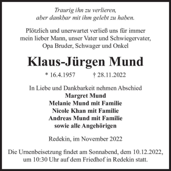 Traueranzeige von Klaus-Jürgen Mund  von Magdeburger Volksstimme