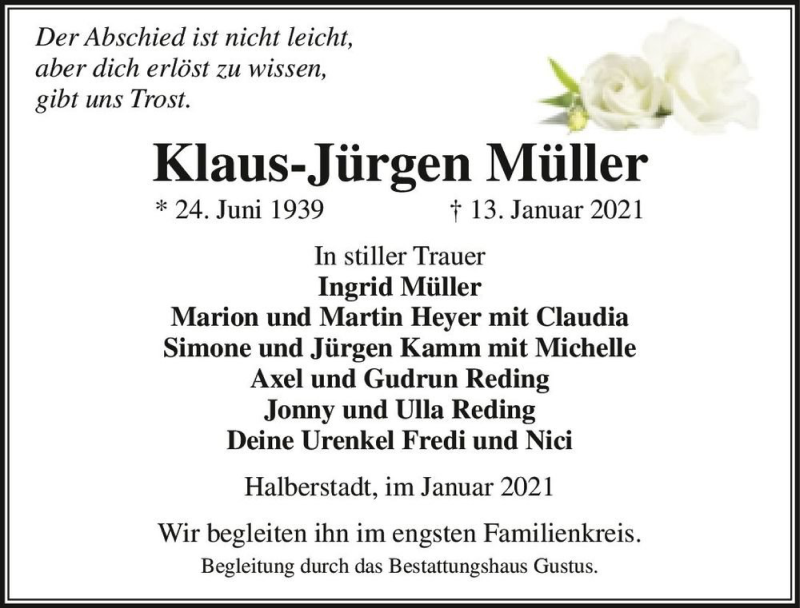  Traueranzeige für Klaus-Jürgen Müller  vom 16.01.2021 aus Magdeburger Volksstimme