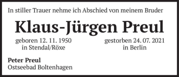 Traueranzeige von Klaus-Jürgen Preul  von Magdeburger Volksstimme