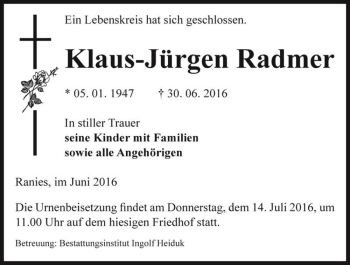 Traueranzeige von Klaus-Jürgen Radmer  von Magdeburger Volksstimme