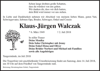Traueranzeige von Klaus-Jürgen Walczak  von Magdeburger Volksstimme