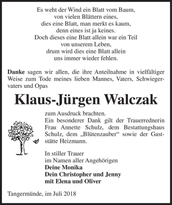 Traueranzeige von Klaus-Jürgen Walczak  von Magdeburger Volksstimme