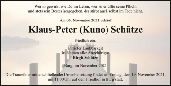 Traueranzeige von Klaus-Peter (Kuno) Schütze  von Magdeburger Volksstimme