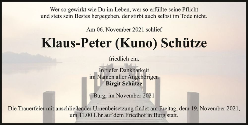  Traueranzeige für Klaus-Peter (Kuno) Schütze  vom 12.11.2021 aus Magdeburger Volksstimme