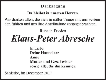 Traueranzeige von Klaus-Peter Abresche  von Magdeburger Volksstimme