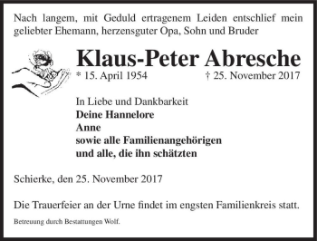 Traueranzeige von Klaus-Peter Abresche  von Magdeburger Volksstimme