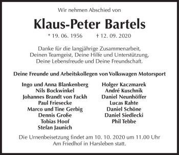 Traueranzeige von Klaus-Peter Bartels  von Magdeburger Volksstimme