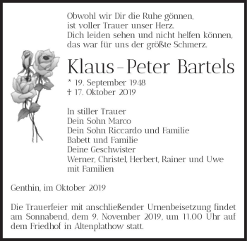 Traueranzeige von Klaus-Peter Bartels  von Magdeburger Volksstimme