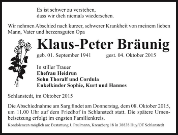 Traueranzeige von Klaus-Peter Bräunig  von Magdeburger Volksstimme